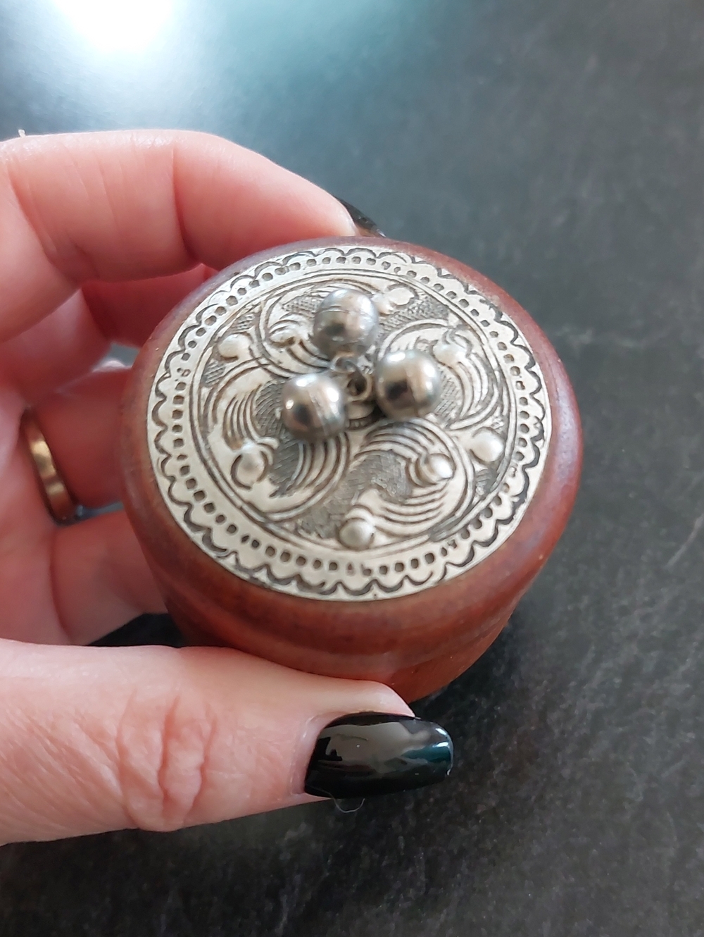 Vintage Handcrafted Mango Wood Round Trinket Box with Silver Metal Bells